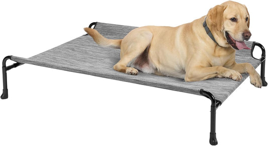 Veehoo Cooling Elevated Dog Bed - Raised Dog Bed with Guardrail, Non-Slip Portable Camping Cot, 41 x 27 Inches, Black Silver