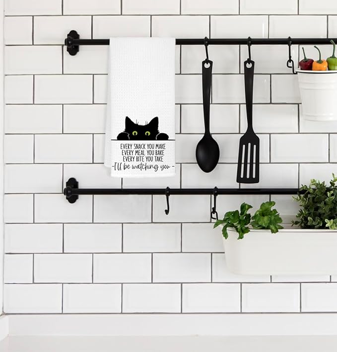 EXUQO Funny Cat Kitchen Towels - Black Cats Hand & Dish Towel Set, Housewarming Gift (White)