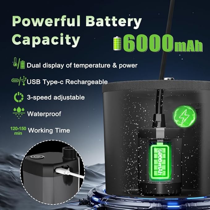 Portable Shower for Camping, 6000mAh Rechargeable Portable Shower, Portable Camping Shower Pump,4 Spray Modes, LED Display, IPX7 Waterproof Shower Pump for Camp, Hiking, Travel, Car, Pet