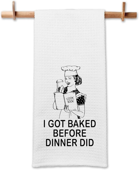 Funny Kitchen Decor Towels I Got Baked Before Dinner Did Dish Towel Funny Retro Housewife Kitchen Towels Housewarming Gifts for Hostess Hilarious Birthday Gifts for Women Sister Chef Friend
