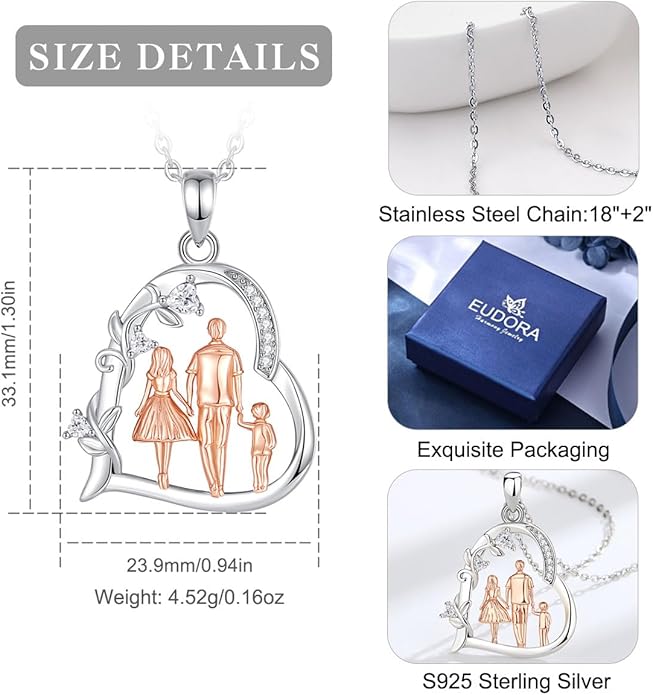 EUDORA Sterling Silver Mother Daughter Necklace for Women, Mama Son Daughter Necklace Pendant for Mom and Daughter,Mom Jewelry from Daughter Mother's Day Gift for Mother Daughter Aunt Grandma