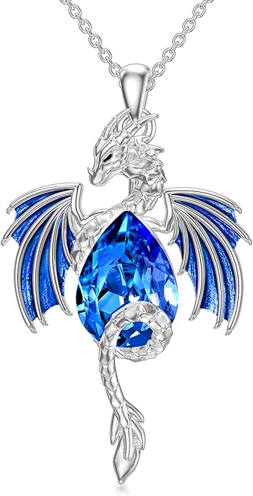 Dragon Necklace for Men Sterling Silver Birthstone Wyvern Necklace Embllished with Teardrop Shaped Crystal Jewelry for Women