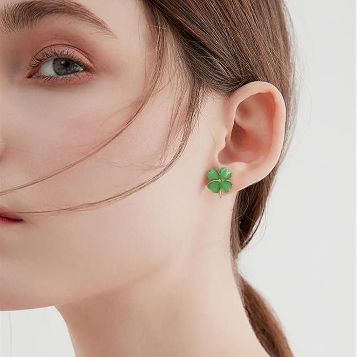 Green Cat Eye's Clover Flower Earrings for Women Girls 925 Sterling Silver Post Pin Hypoallergenic Lucky Love Heart 4 Leaf Petal Small Cute Studs Earring Dainty Gifts for Mother Sister Aunt