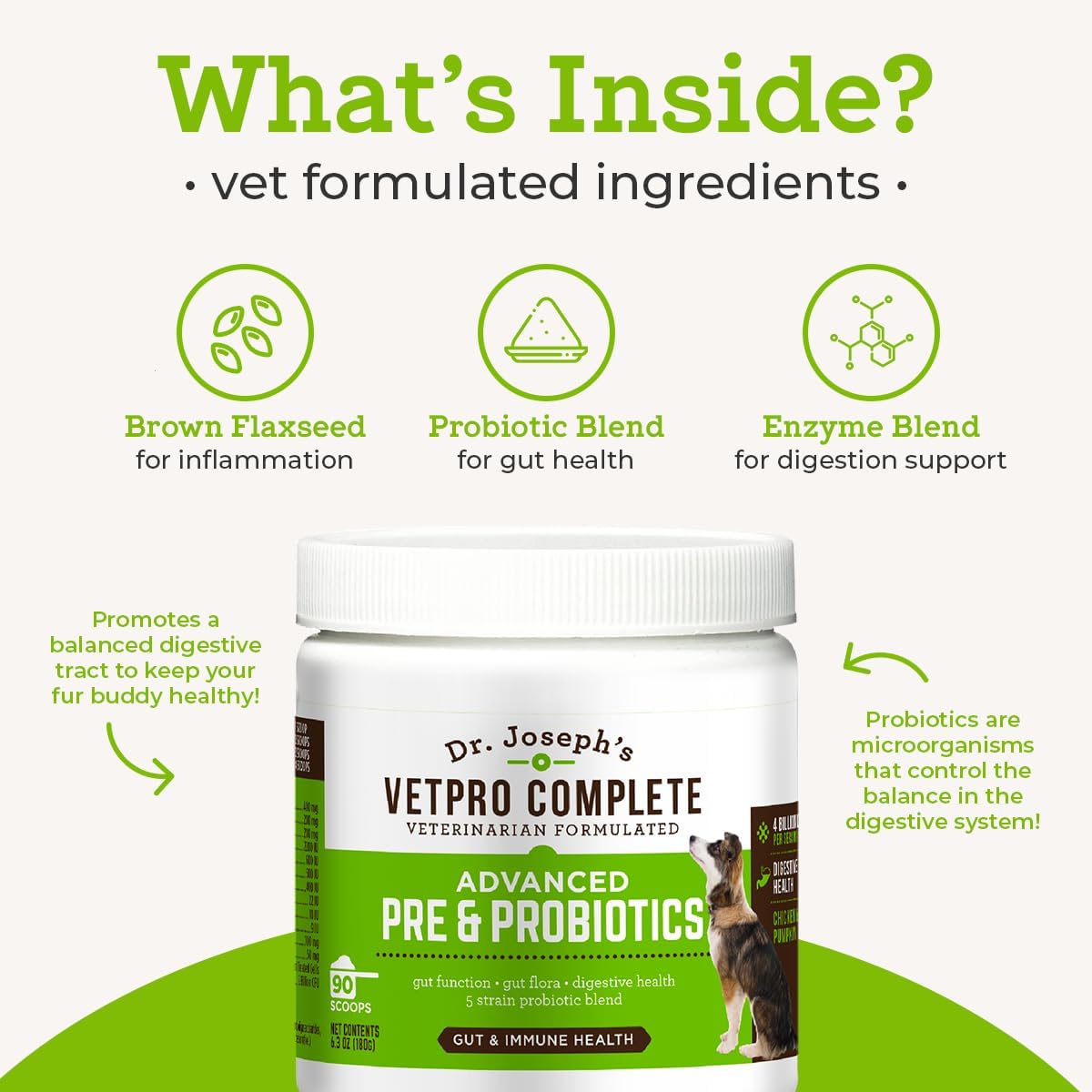 Dr. Joseph's VetPro Complete Advanced Powdered Pre & Probiotics for Dogs, 90 Scoops, Supports Gut Health, Diarrhea, Digestive Health & Seasonal Allergies, Chicken/Pumpkin Flavor, Add to Food