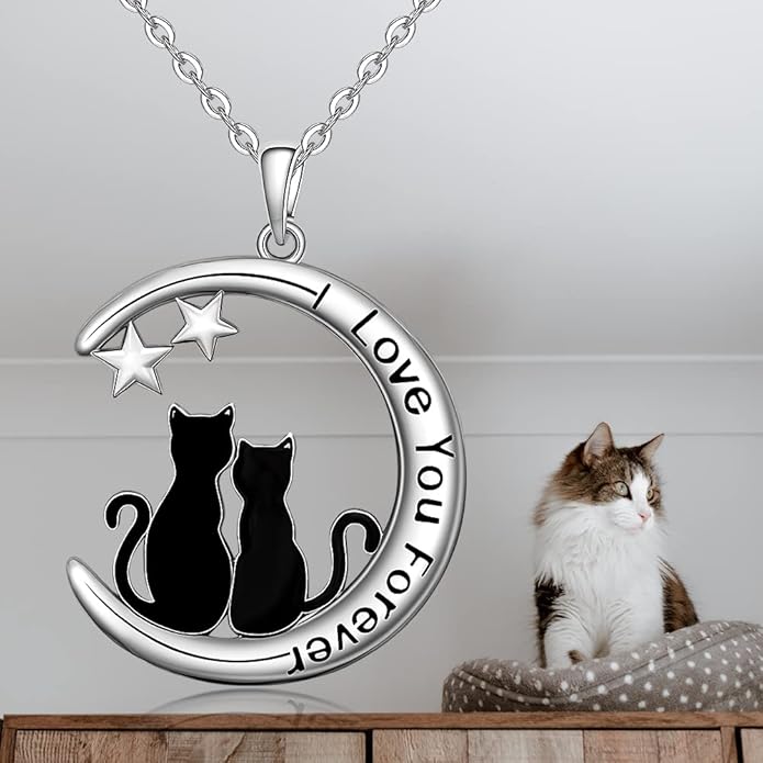 Fenthring Black Cat Necklace Sterling Silver Crescent Moon Pendant Cute Cat Couples Friendship Animal I Love You Forever Necklaces for Women Cats Halloween Christmas Holiday Jewelry