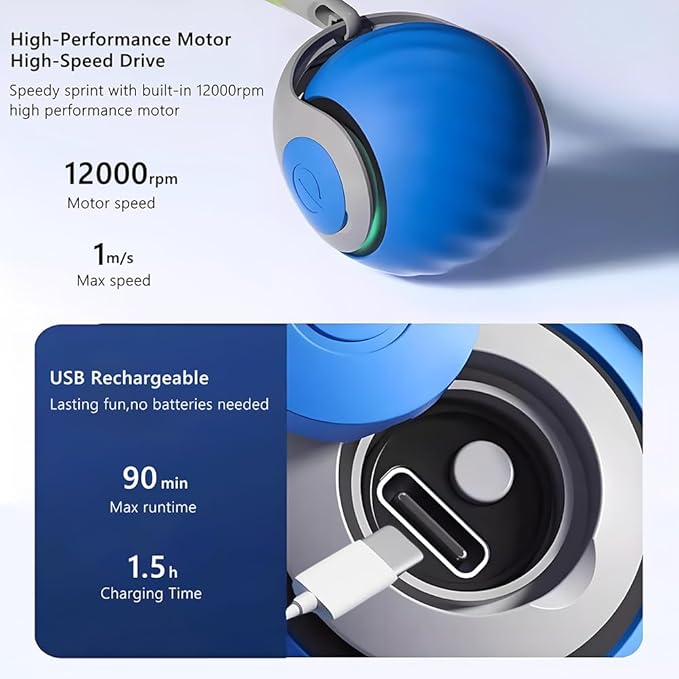 Automatic Cat Ball Toy with 2 Feather Tails - Rechargeable Interactive Cat Toys, 2-Speed Motion Activated Roller for Indoor Cats to Relieve Boredom (Small/Medium/Large Cats) (Blue)