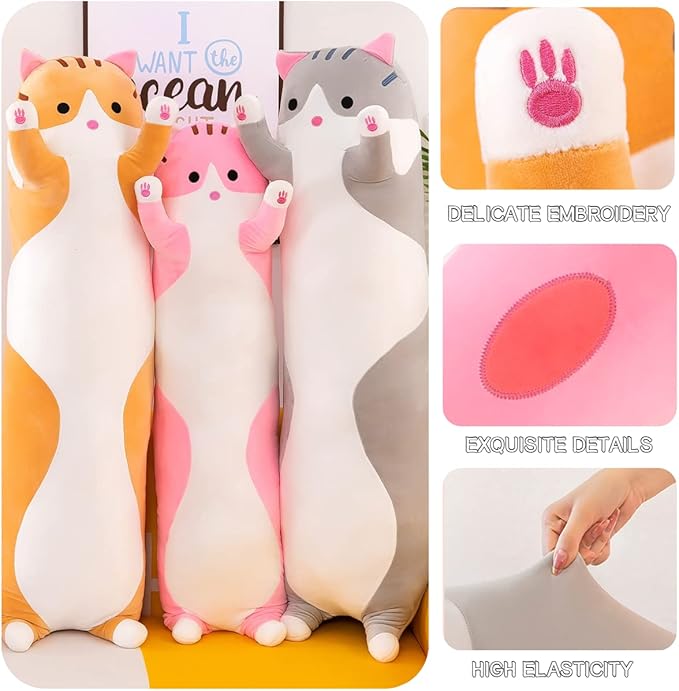 Giant Cat Pillow Plush Cartoon Kitty Sleeping Hugging Pillow, Cuddly Soft Long Kitten Body Pillow Doll Cat Cushion Toy for Kids Girlfriend (Gray, 130cm/51.18inch)