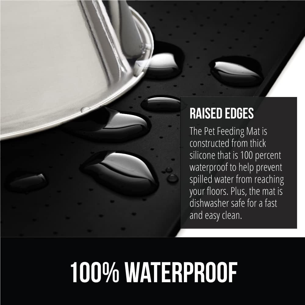 GORILLA GRIP 100% Waterproof Raised Edge BPA Free Silicone Pet Feeding Mat, Dog Cat Food Mats Contain Spills Protects Floors, Placemats for Cats and Dogs Water Bowl, Pets Accessories 28x18 Black