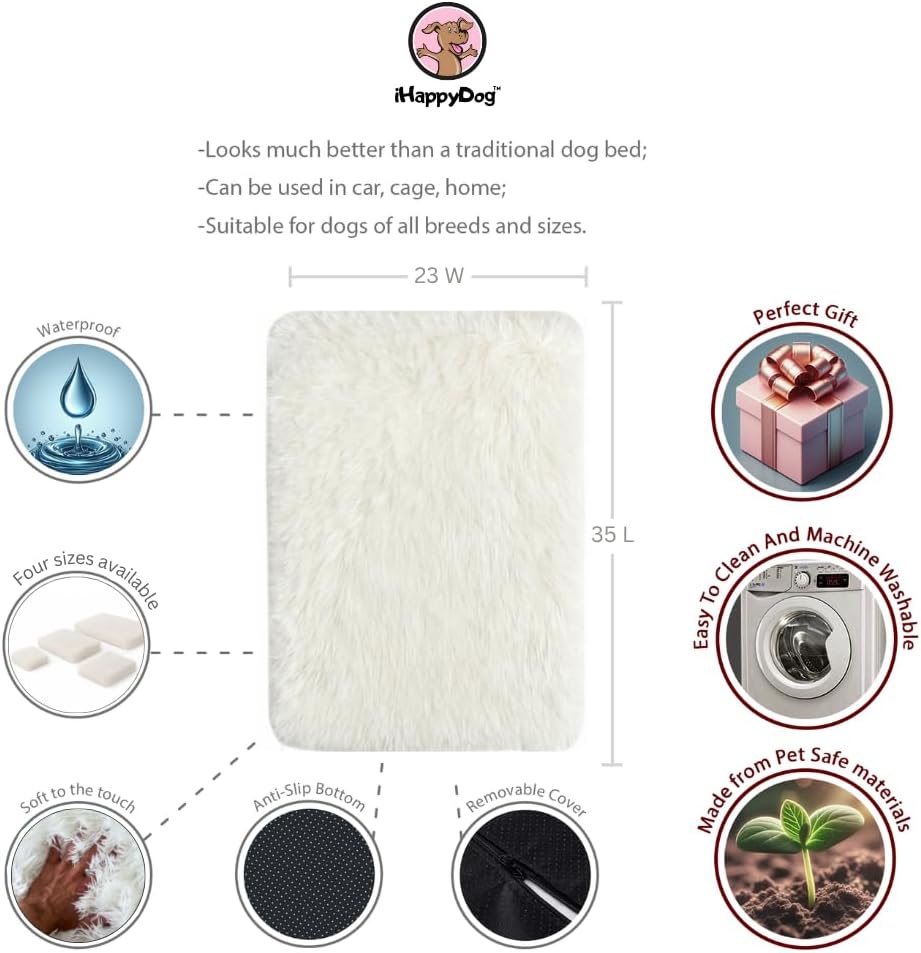 IHAPPYDOG Luxury Faux Fur Orthopedic Dog Beds, Memory Foam Crate Bed for Small, Medium, Large and XL Pets, Fluffy Pet Bed with Waterproof and Washable Cover, Fits Crates (White, 35" x 23")