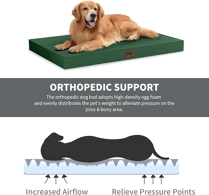 Outdoor Dog Bed for Small Dogs & Cats, Waterproof Dog Crate Mat Orthopedic Egg Crate Foam with Washable Removable Oxford Cover, Dark Green
