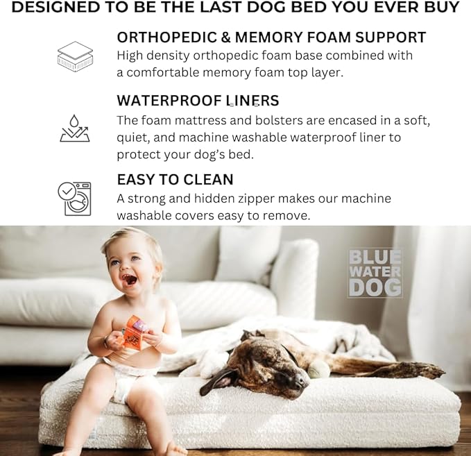 Luxury Boucle Orthopedic Memory Foam Dog Bed with Waterproof Liner and Machine Washable Cover with YKK Zippers (Medium, 37" L x 30" W x 6" Th, Ocean Blue)