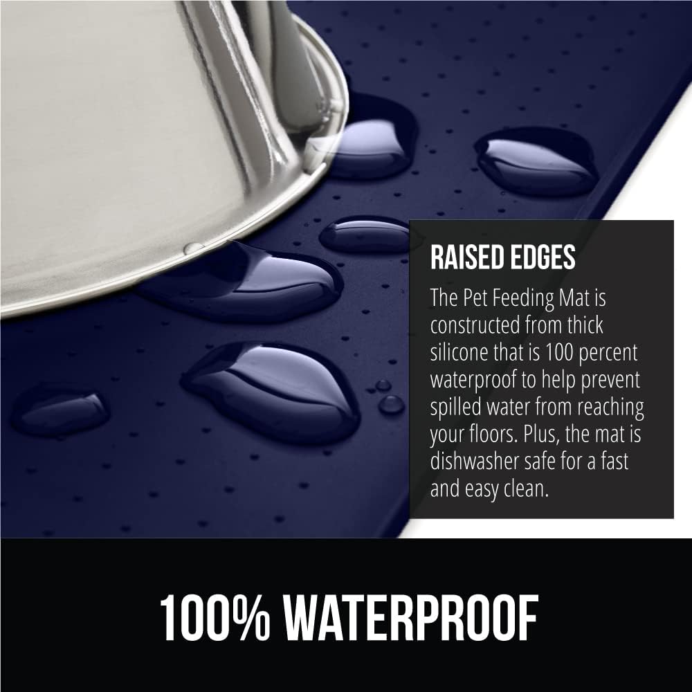 GORILLA GRIP 100% Waterproof Raised Edge BPA Free Silicone Pet Feeding Mat, Dog Cat Food Mats Contain Spills Protects Floors, Placemats for Cats and Dogs Water Bowl, Pets Accessories 23x15 Navy