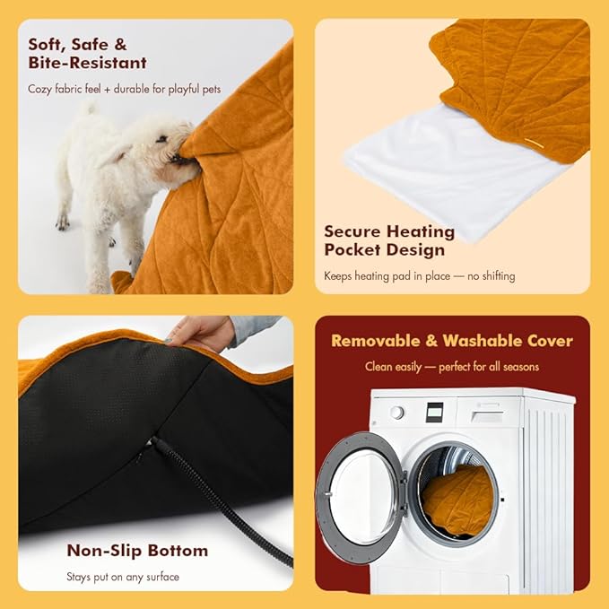 Extra Large Dog Heating Pad Waterproof Electric Heated Cat Beds for Indoor Outdoor, Adjustable Temperature,Washable Yellow Leaf Shaped Cat Heating Pad Non Slip Bottom(57"X47")