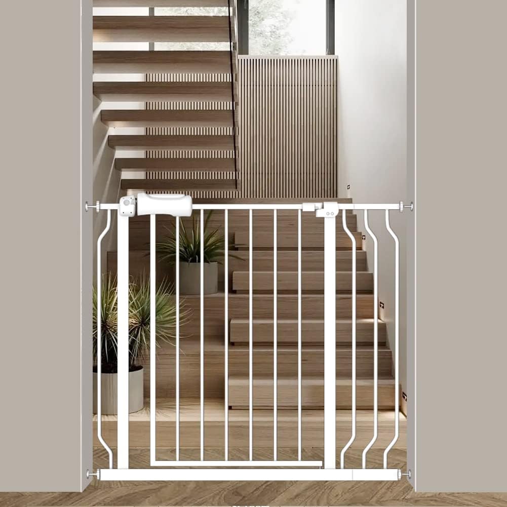 Extra Wide Baby Gate 34-38.5 Inch Wide with Pressure Mounted Extention Kit Walk Through Pet Gate Safety Child Gate for Stairs Doorways Kitchen Living Room