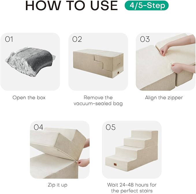 Dog Stairs for High Bed, Dog Steps for Bed Couch Sofa, 35D Foam Extra Wide Pet Steps for Small Dogs and Cats, Pet Stairs with Non-Slip Bottom Beige, 5 Steps