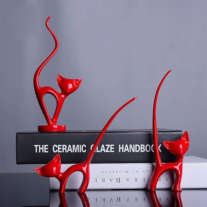 DreamsEden Resin Cat Figurines - Small Animal Statues Shelf Home Decor Accents Art Ornament, Set of 3 (Red)