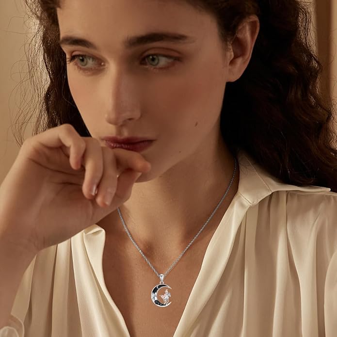 Gothic Jewelry Bat/Cat/Wolf/Dragon/Owl/Fox/Spider/Sun Pendant Sterling Silver Crescent Moon Necklace for Women Girls Black Jewelry Gifts