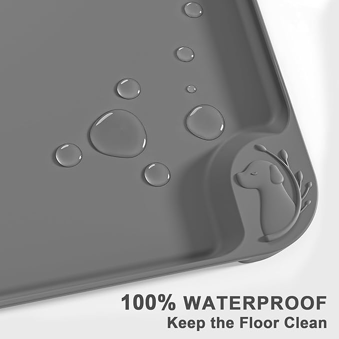 ESTHELLO Waterproof Pet Feeding Mats - Advanced Silicone Dog Food Mat Easy to Clean for Dog & Cat Bowls, 19''X12'' Premium Gray