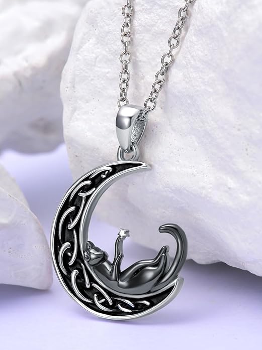 Fox/Cat/Axolotl/Sloth/Panda Necklace Crescent Moon Necklace 925 Sterling Silver Cute Animal Jewelry as Birthday Mothers Day Gifts for Women