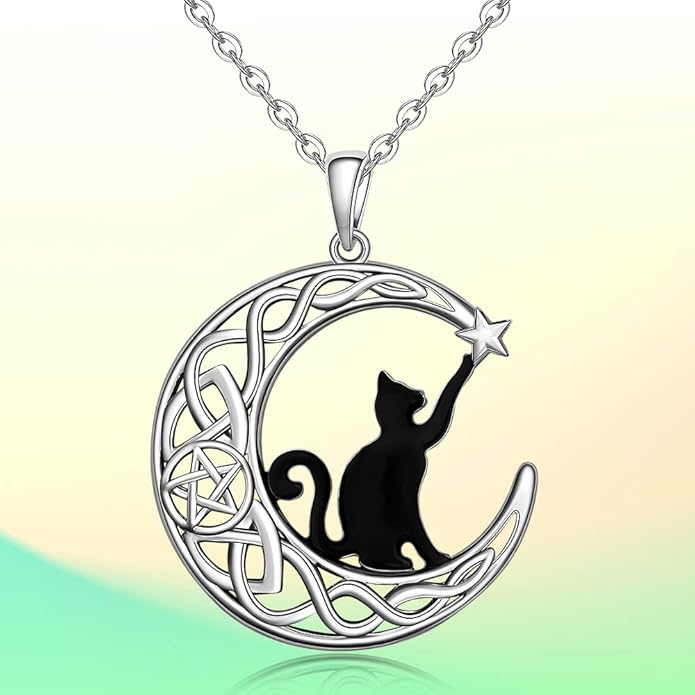 Fenthring Black Cat Necklace Sterling Silver Crescent Moon Celtic Knot Cat Necklaces for Women Cute Animal Infinity Pentacle Cats Halloween Christmas Holiday Jewelry