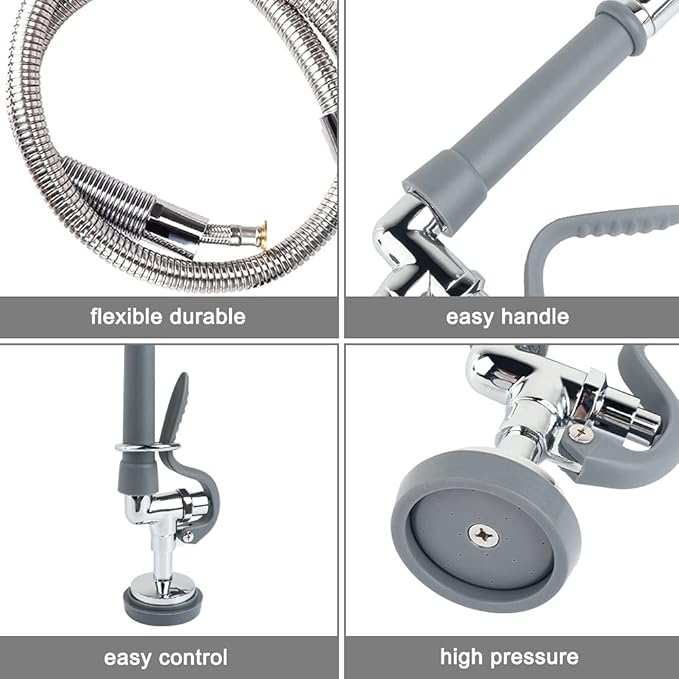KWODE Commercial Sink Sprayer Valve with Hose, 44” Commercial Sink Sprayer Hose Replacement Kit for Commercial Kitchen Sink Faucet (Free Brass Adapter to Connect Add-on Swivel Spout)