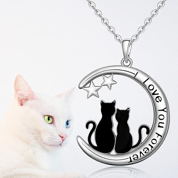 Fenthring Black Cat Necklace Sterling Silver Crescent Moon Pendant Cute Cat Couples Friendship Animal I Love You Forever Necklaces for Women Cats Halloween Christmas Holiday Jewelry