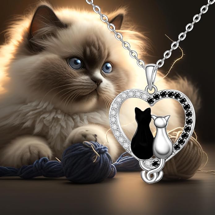 Fenthring Cat Necklace for Women Black Cat Necklaces Sterling Silver Animal Cats Pendant Gifts for Mother Daughter Holiday Jewelry