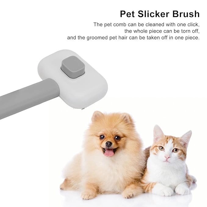 Dog Hair Brush, Self Cleaning Slicker Brush for Pets Cats Dogs Gentle Round Head Soft Needle Removes Floating Hair Comfortable Grip ABS Material 9 x 18cm (Grey White)