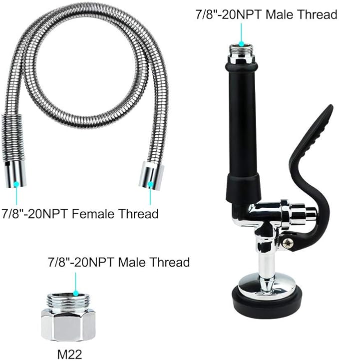 KWODE Pre-Rinse Hose with Spray Valve 44 Inch Flexible Stainless Hose with Sprayer Nozzle Head Replacement Kit for Commercial Kitchen Sink Faucet(Free Brass Adapter to Connect Add-on Swivel Spout)