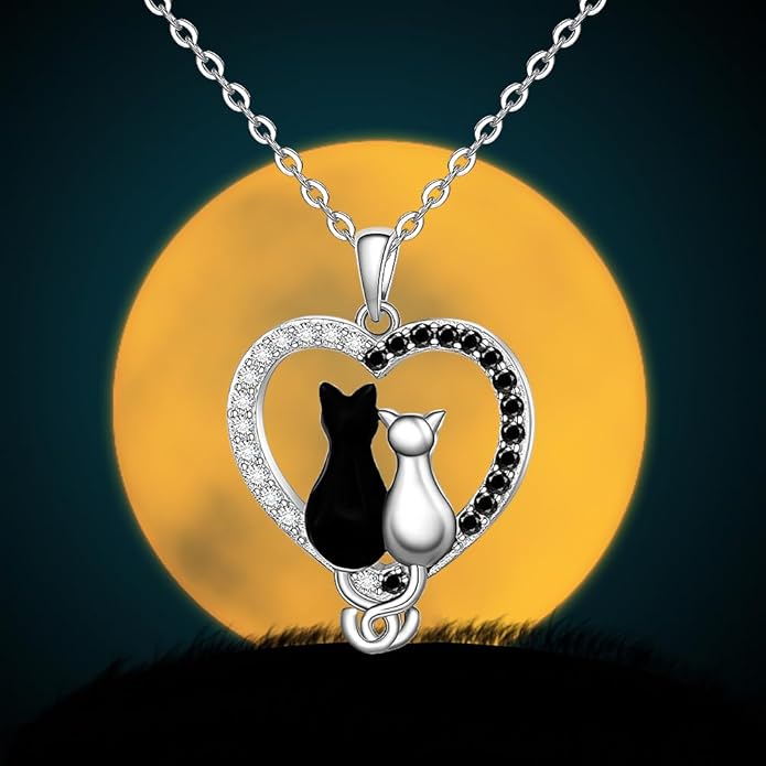 Fenthring Cat Necklace for Women Black Cat Necklaces Sterling Silver Animal Cats Pendant Gifts for Mother Daughter Holiday Jewelry