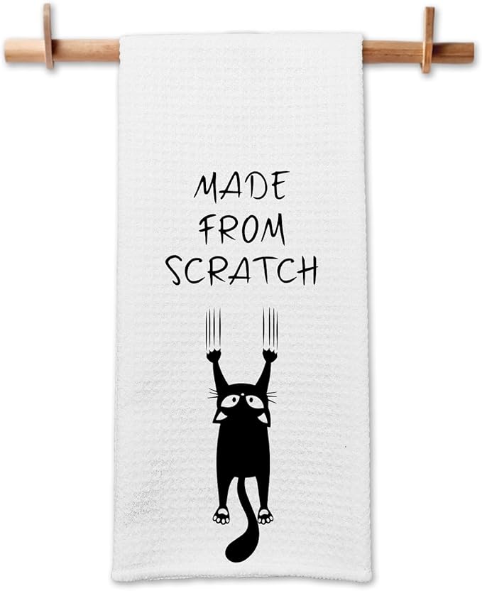 Funny Kitchen Dish Towels, Made from Scratch Dishcloths, Trendy Kitchen Decor, Funny Black Cat Hand Towel Gifts for Cat Lovers, Cute Housewarming Gifts for Women Hostess Housewife Friend