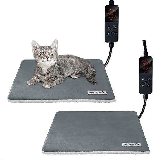 Rest-Eazzzy Heating Pad, Heated Cat Bed with Removable Cover, 5-Level Timer & Temperature, Indoor Warming Mat for Cats & Dogs (Pure-Grey, 2pcs)