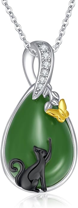 Green Jade Necklace Sterling Silver Teardrop Hummingbird/Dragonfly/Butterfly/Bee/Cat/Cardinal/Owl/Fox/Sloth Natural Jade Jewelry Birthday Mothers Day Christmas Gifts Women Mom Her