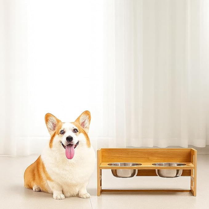 Adjustable Elevated Pet Bowls – 3 Height Raised Bamboo Stand with 2 Thick 24oz Stainless Steel Bowls, Non-Slip Feeder for Cats & Small-Medium Dogs