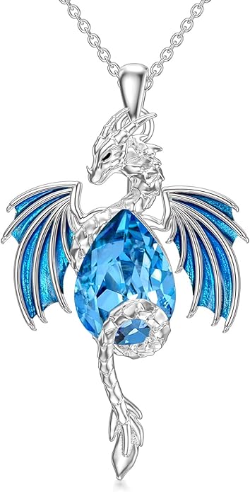 Dragon Necklace for Men Sterling Silver Birthstone Wyvern Necklace Embllished with Teardrop Shaped Crystal Jewelry for Women
