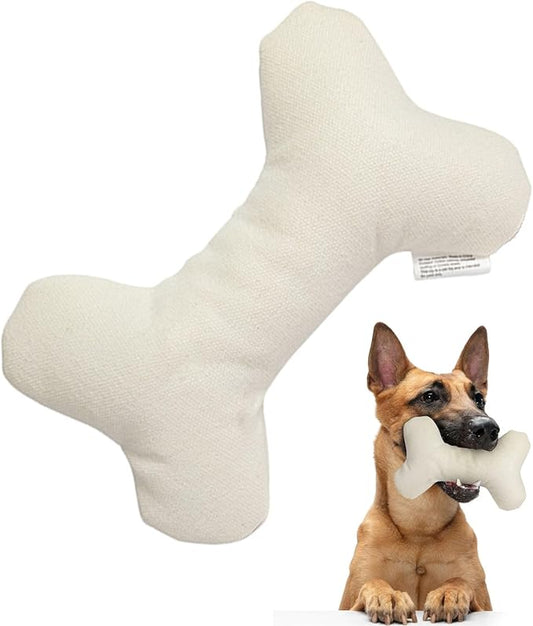 Durable Cotton Canvas Squeaky Dog Toy – Eco-Friendly Interactive Chew Toy for Small to Large Dogs-T-Bone (White)