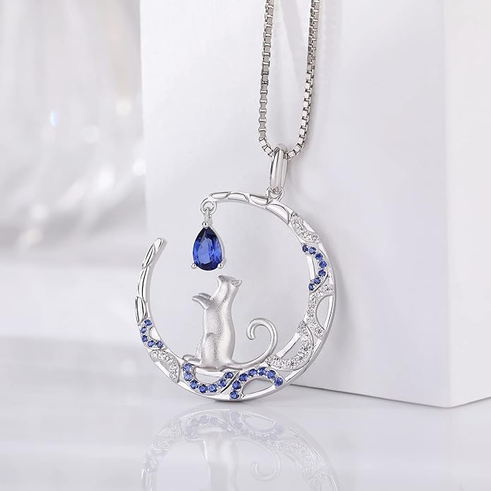 jiamiaoi 18K White Gold Plated Cat Necklace 925 Sterling Silver Diamond Cat Necklace Silver Cat On Moon Necklace for Women Gift for Birthday/Christmas, Come with Gift Box