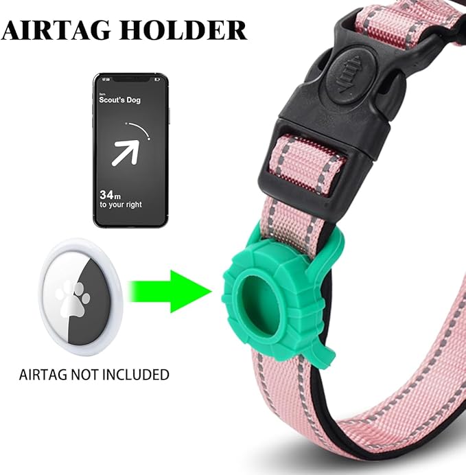 JSXD AirTag Dog Collar, Night Reflective Nylon Dog Collar for Small Medium Large Dogs,Lockable Quick Release Buckle,Padded Breathable Pet Collar with AirTag Holder (Pink, Medium)