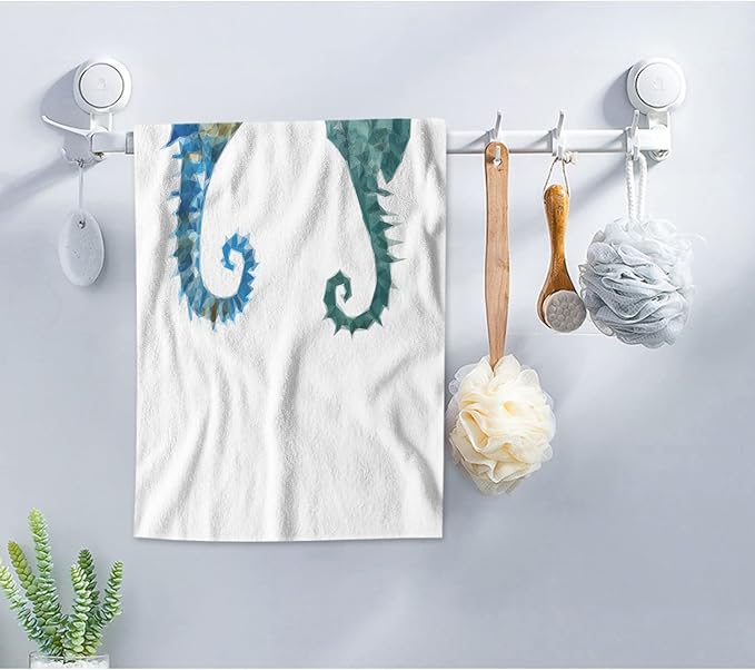 AOYEGO Seahorse Bath Towels Blue Green Sea Horses Polygon Triangles Kitchen Hand Towels Bathroom Decor Soft Beach Microfiber Hair Towels 15x30 Inch