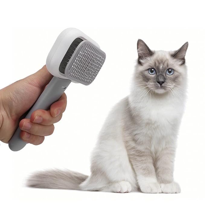 Dog Hair Brush, Self Cleaning Slicker Brush for Pets Cats Dogs Gentle Round Head Soft Needle Removes Floating Hair Comfortable Grip ABS Material 9 x 18cm (Grey White)