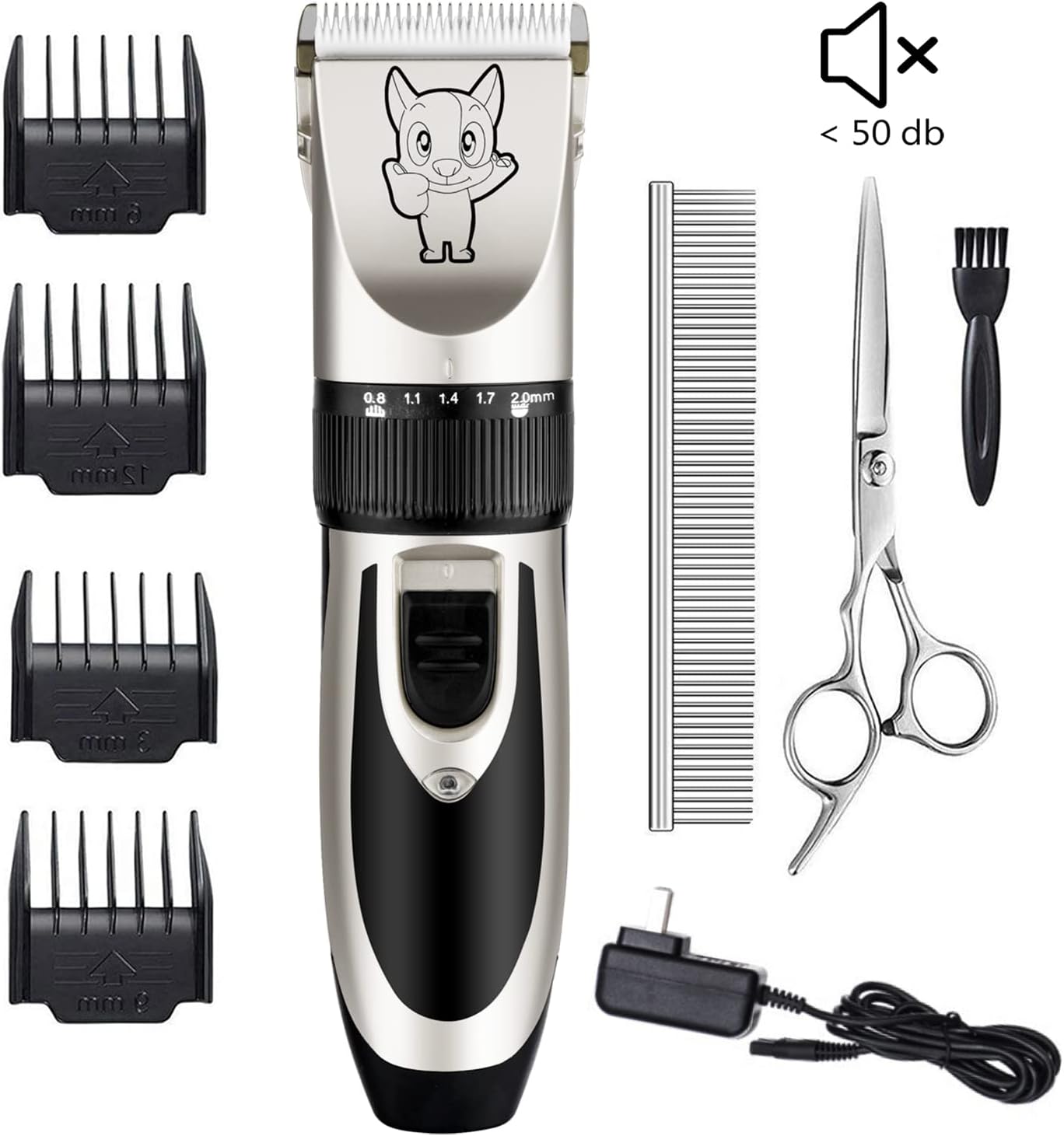 Dog Grooming Kit Clippers, Low Noise, Electric Quiet, Rechargeable, Cordless, Pet Hair Thick Coats Clippers Trimmers Set, Suitable for Dogs, Cats, and Other Pets (Silver)
