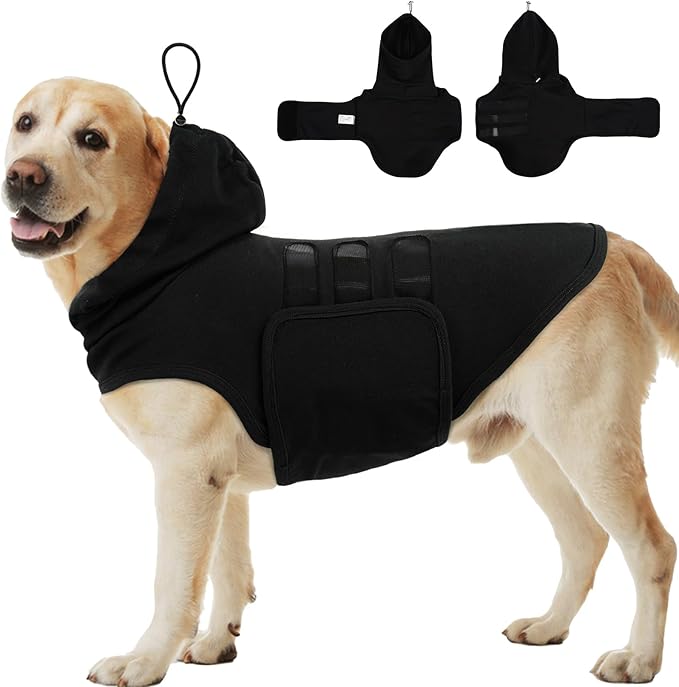 X-Large Dog Calming Shirt with Adjustable Chest & Hood | Sleeveless Lightweight for Free Movement,Separation Anxiety Vest for Fear of The Environment (Black)