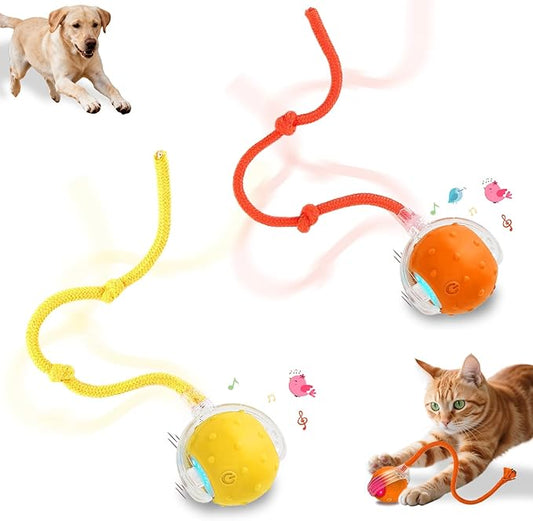 Interactive Cat Toys Smart Ball for Cats & Dogs! Now with 2 Rapid Tails. Features: 360°Auto-Rolling, Motion Activation& Bird Sounds. Perfect for Indoor Pet Exercise & Fun. (Yellow＆Orange)
