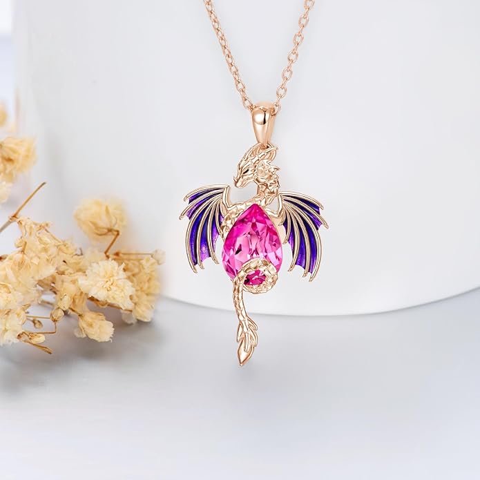 Dragon Necklace for Men Sterling Silver Birthstone Wyvern Necklace Embllished with Teardrop Shaped Crystal Jewelry for Women