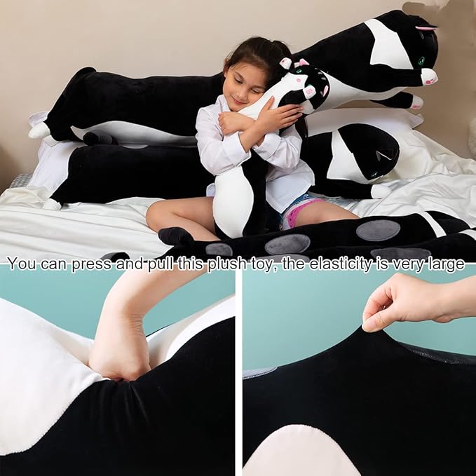 Giant Cat Pillow Plush Cartoon Kitty Sleeping Hugging Pillow, Cuddly Soft Long Kitten Body Pillow Doll Cat Cushion Toy for Kids Girlfriend(Black, 50cm/19.68inch)