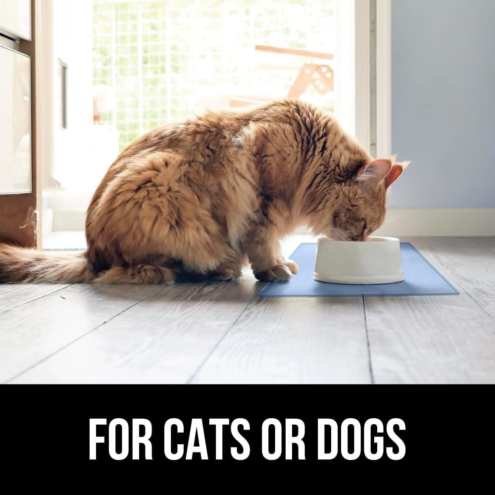 GORILLA GRIP 100% Waterproof Raised Edge BPA Free Silicone Pet Feeding Mat, Dog Cat Food Mats Contain Spills Protects Floors, Placemats for Cats and Dogs Water Bowl, Pets Accessories 23x15 Blue