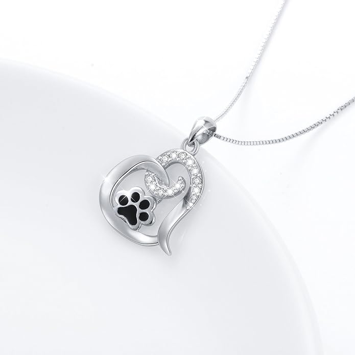FLYOW 925 Sterling Silver Cute Paw Print Forever Love Heart Pendant Necklace/Bracelet/Stud Earrings Gift for Women, Box Chain 18"