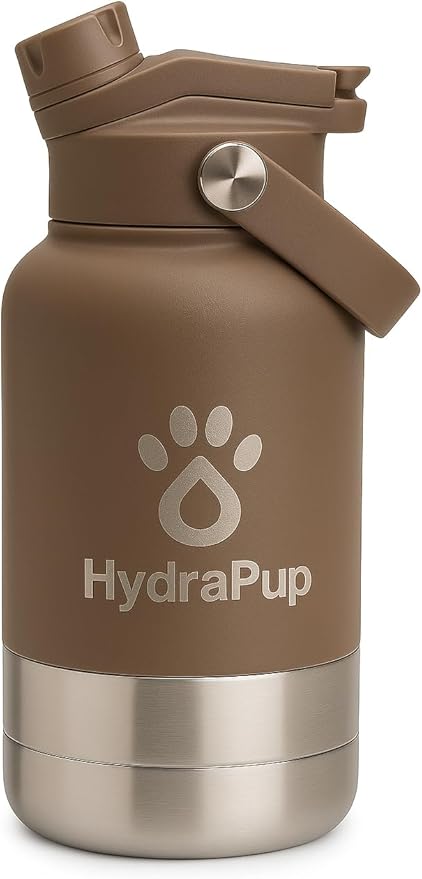 32oz Insulated Water Bottle with Dog Bowls – Human & Pet Shared Use, Stainless Steel Leakproof Travel Bottle (Cocoa Brown)
