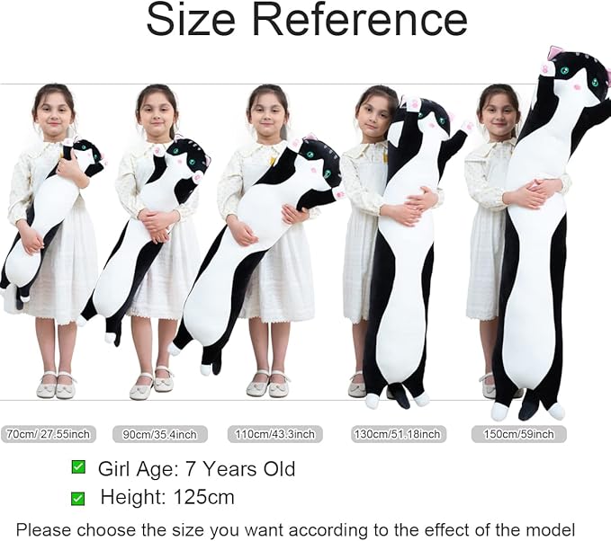 Giant Cat Pillow Plush Cartoon Kitty Sleeping Hugging Pillow, Cuddly Soft Long Kitten Body Pillow Doll Cat Cushion Toy for Kids Girlfriend (Black, 110cm/43.3inch)