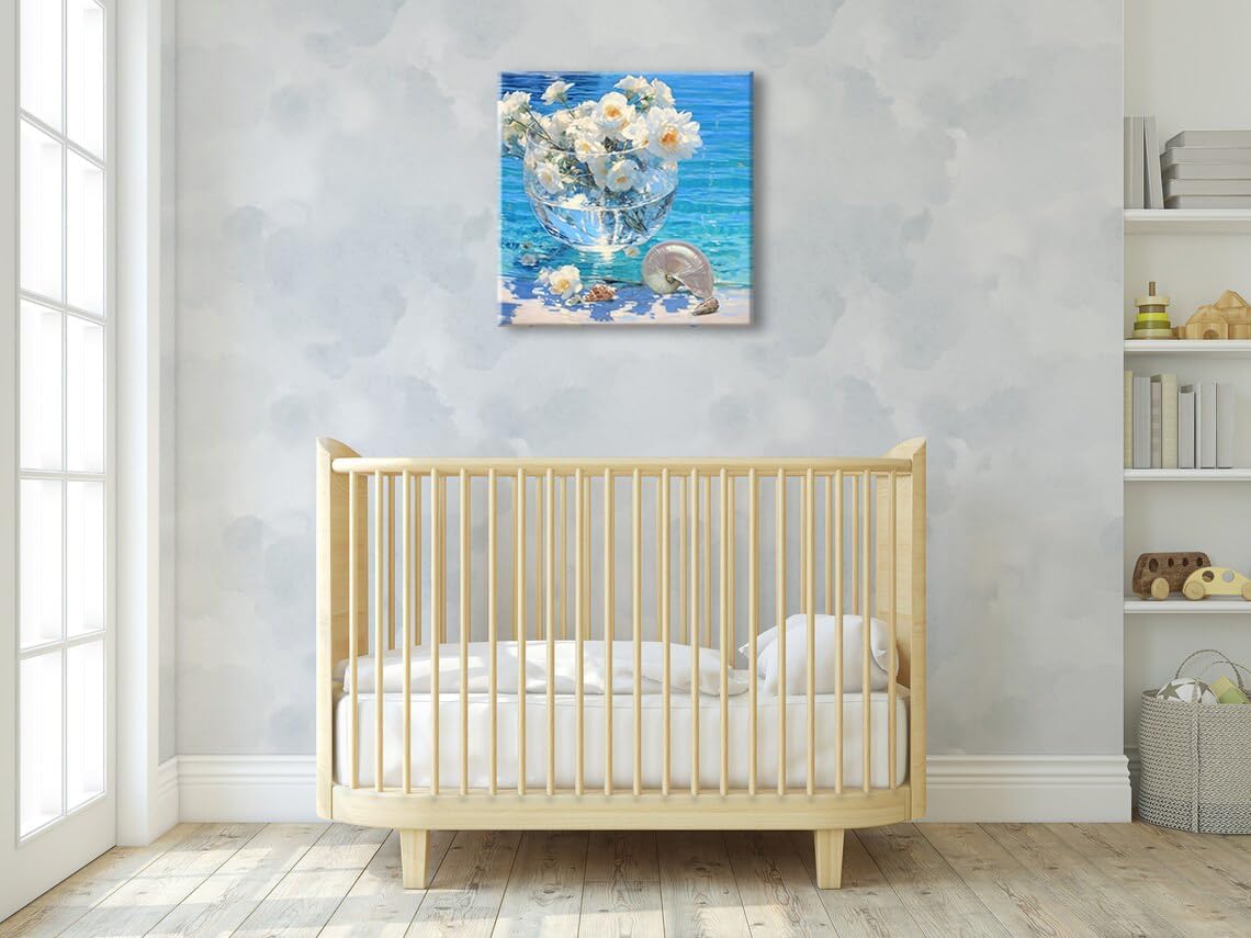 weiyiart Blue Ocean Wall Art Canvas Print Coastal Beach Painting with White Flowers & Shell Oil Painting Seascape Picture Decor for Living Room, Bedroom 24x24 inch